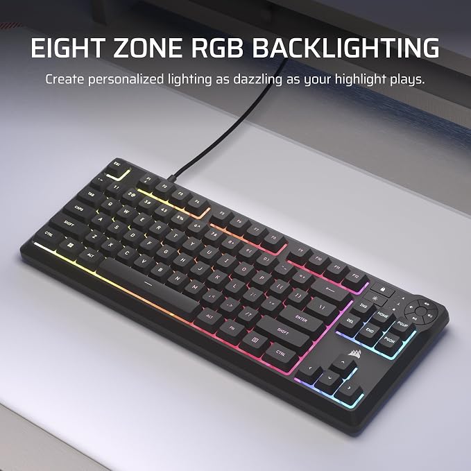 Corsair K55 CORE TKL RGB Gaming Keyboard – Tenkeyless, 8-Zone RGB, Quiet Membrane Keys, Spill Resistant, Media Keys, 1000Hz Polling – NA Layout – Black - Image 6