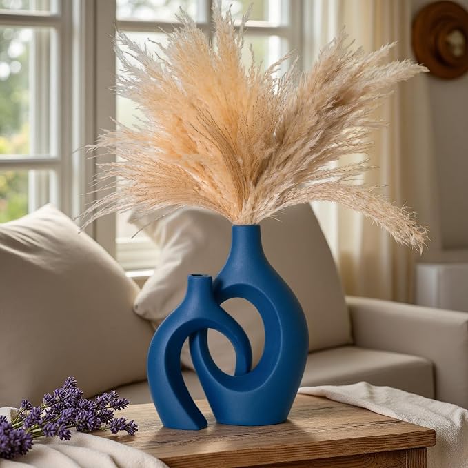 Lvases Blue Snuggle Hollow Ceramic Vase Minimalist Decorative Vases of 2 | 11 Inch Nordic Boho Decor Home Flower Vases for Living Room Coffee Table, Bookshelf Mantle & Entryway Pampas Grass Display - Image 8