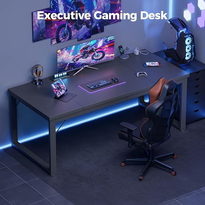 Mericonia 63x28 Inch Computer Desk w/Power Outlets, 1.2" Thick Office Table | Modern Simple Style, Heavy Duty Industrial Frame, Large Study & Writing Table for Home Bedroom Work, Black - Image 9