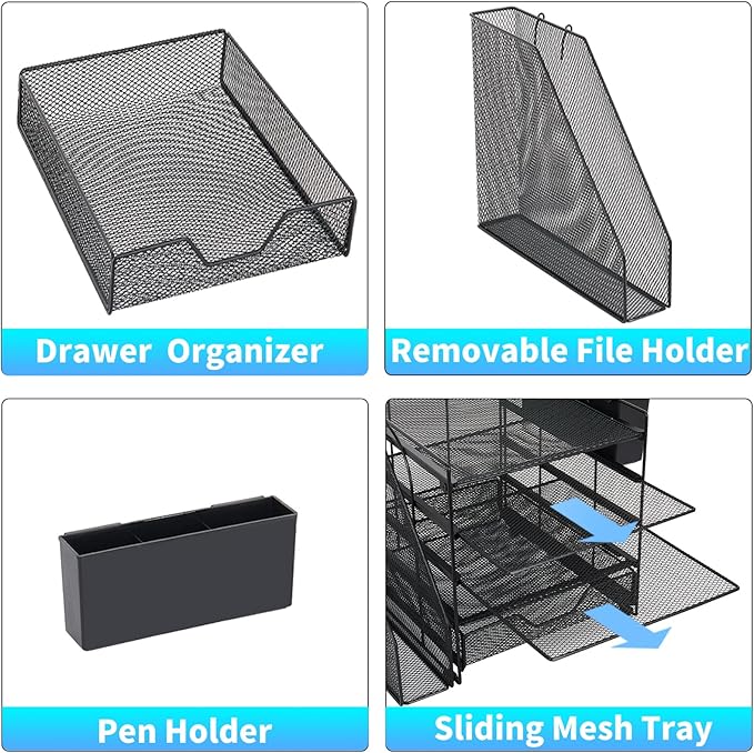 Desk Organizers and Accessories, 5-Tier Paper Letter Tray Organizer with File Holder, Drawer & Pen Holder, Office Desk Accessories, Desktop Organizer for Classroom Office Supplies, Black - Image 3