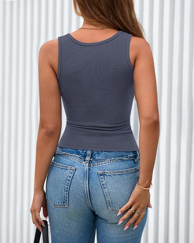 BTFBM Summer Tops for Women 2026 Scoop Neck Ribbed Henley Button Sleeveless Casual Spring Basic Tank Top Clothes Outfits - Image 3