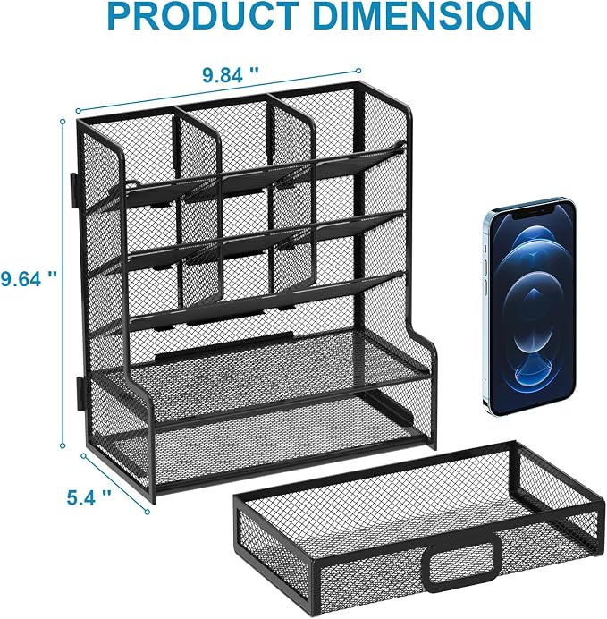Marbrasse Larger Mesh Desk Organizer with Drawer, Multi-Functional Pen Pencil Holder, Easy Assembly, Desk Organizers and Accessories for Office Art Supplies (Black) - Image 4