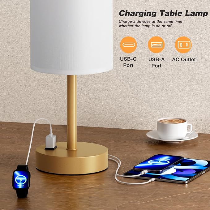 Fenmzee Gold Nightstand Bedroom Lamp - 3 Way Dimmable Bedside Lamp USB C A Charging Ports and AC Outlet, Small Table Lamp Linen Lampshade for Office Desk - Image 3