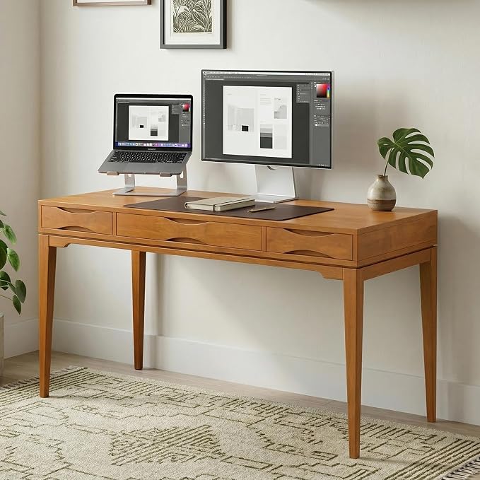 SIMPLIHOME Harper Desk - 60 Inch Wide Solid Wood Writing Desk in Honey Brown, Mid-Century Modern Home Office Computer Table for Study with 2 Drawers and Flip-Down Keyboard Tray - Image 2