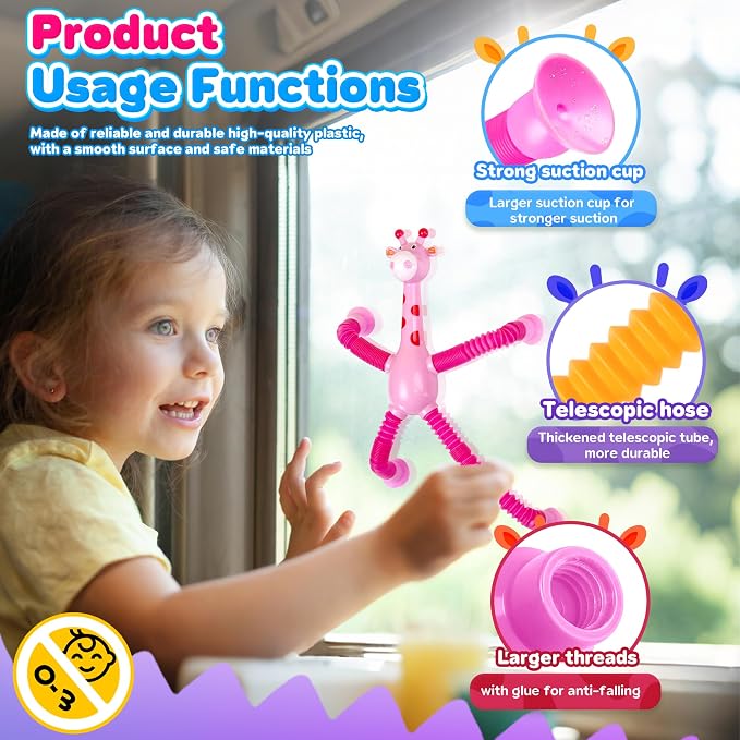 Giraffe Sensory Travel Toys 4Pcs for Road Trip Car Ride Airplane Toddler Girl Year Old Ages 3 4 5 6 7 8, Suction Autism Pop Tube Fidget Toy Autistic Valentines Day Stocking Easter Basket Stuffer Gift - Image 4