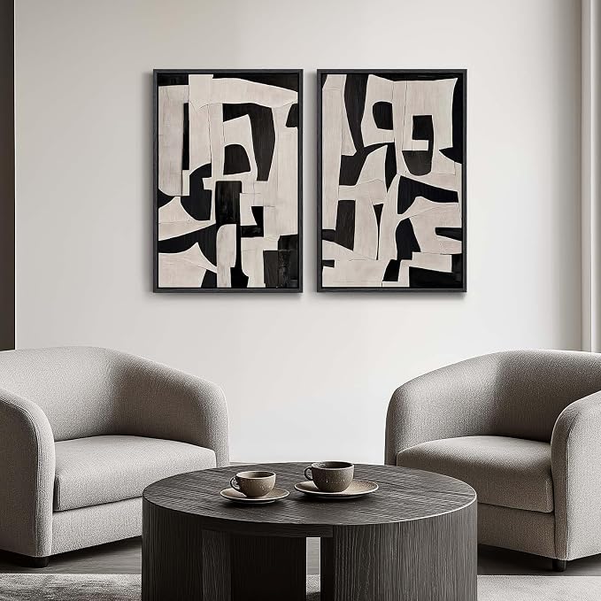 Large Framed Black and Beige Abstract Wall Art, Set of 2 Piece Minimalist Canvas Paintings Artwork for Walls, Modern Art Prints Pictures for Living Room Hallway Dining Room Bedroom Office Wall Decor - Image 3
