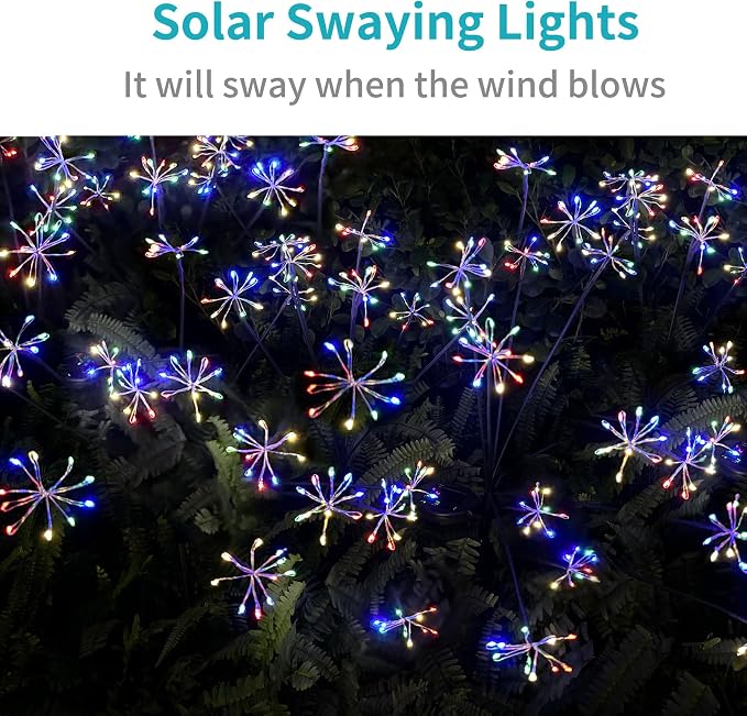 JJGoo Solar Garden Lights, New Upgraded 2 Pack Solar Swaying Starburst Light, Waterproof Fireworks Outdoor Lights, Yard Patio Pathway Decoration, Colorful - Image 3