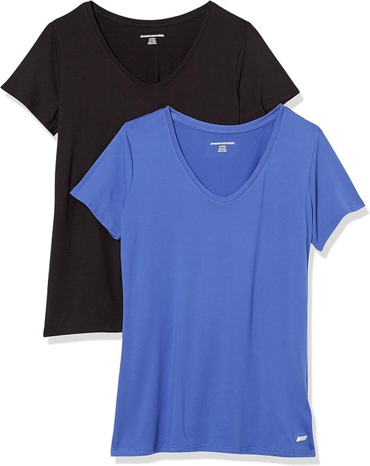 Amazon Essentials Women's Active Quick Dry Tech Stretch Short-Sleeve V-Neck T-Shirt (Available in Plus Size), Pack of 2 by AmazonEssentials