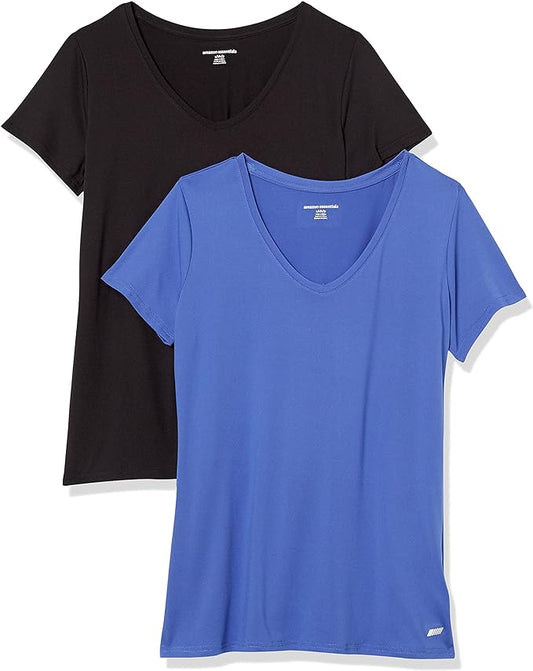 Amazon Essentials Women's Active Quick Dry Tech Stretch Short-Sleeve V-Neck T-Shirt (Available in Plus Size), Pack of 2 by AmazonEssentials