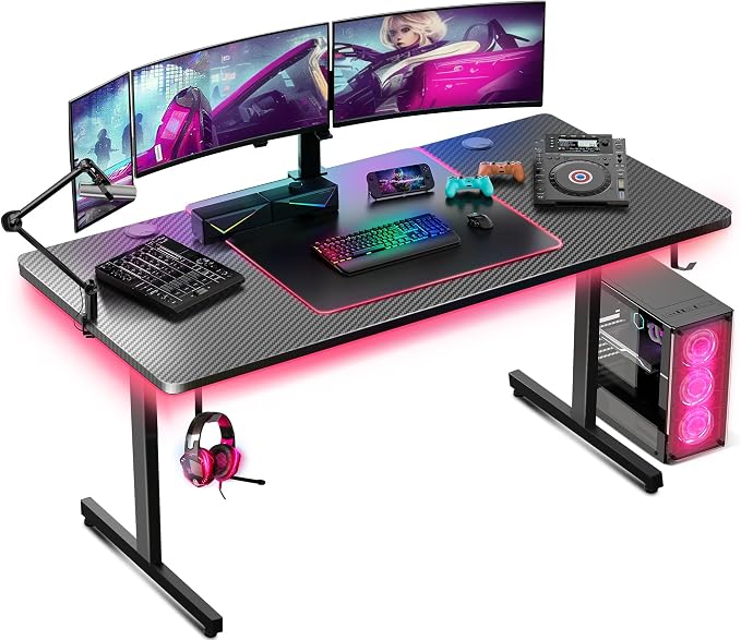 GTPLAYER Gaming Desk 55 Inch with LED Lights, Large Computer Desk with Mouse Pad for Home Office, T-Shaped Carbon Fibre Surface PC Game Workstations with Headphone Hook by GTPLAYER