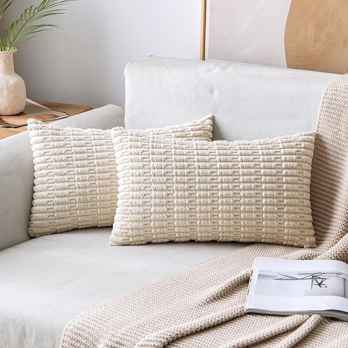 MIULEE Pack of 2 Corduroy Decorative Lumbar Throw Pillow Covers 22x14 Inch Soft Boho Striped Pillow Covers Modern Farmhouse Home Decor for Sofa Living Room Couch Bed Cream White by MIULEE