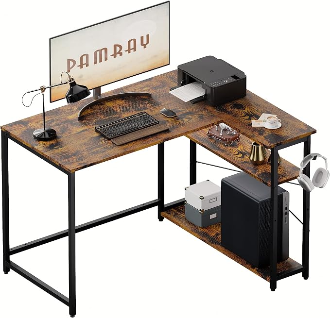 Pamray 43 Inch L Shaped Computer Desk with Reversible Side Storage Shelves, Small Corner Desk for Small Space Home Office,Writing Study Table PC Desk for Bedroom,Vintage by PAMRAY
