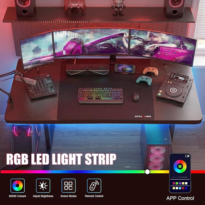 GTPLAYER 55 Inch Gaming Desk with LED Lights, Large Computer Desk with Mouse Pad for Home Office, T-Shaped Carbon Fibre Surface PC Game Workstations with Headphone Hook - Image 5