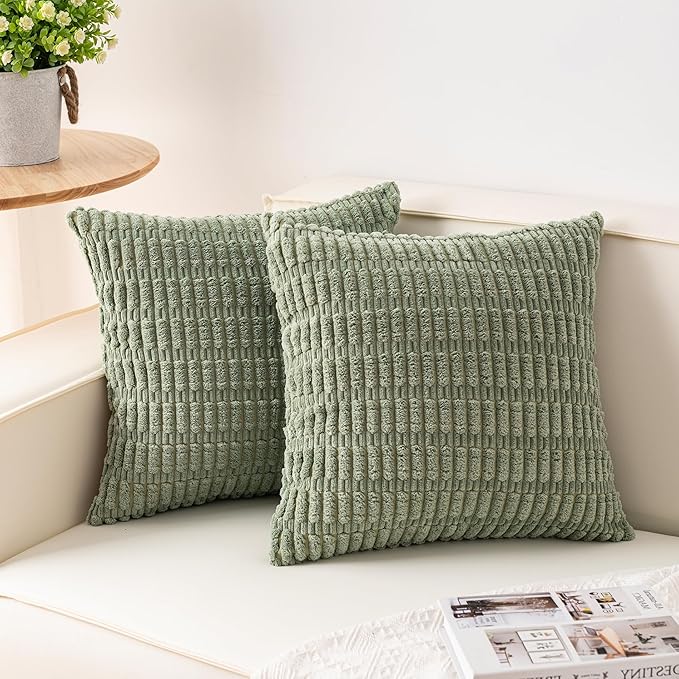 Aegero Pack of 2 Corduroy Decorative Throw Pillow Covers 26x26 InchSoft Striped Pillow Covers Modern Farmhouse Home Decor for Sofa Living Room Couch Bed（Sage Green） by Unknown