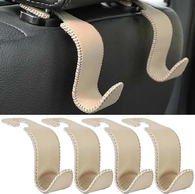 Amooca Car Seat Headrest Hook 4 Pack Metal Core Hanger Universal Car Storage Organizer for Handbag Purse Coat S Type Leather Beige by Amooca