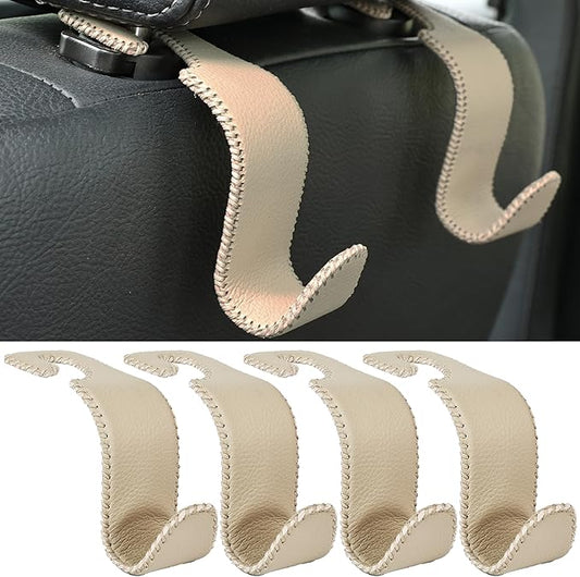 Amooca Car Seat Headrest Hook 4 Pack Metal Core Hanger Universal Car Storage Organizer for Handbag Purse Coat S Type Leather Beige by Amooca