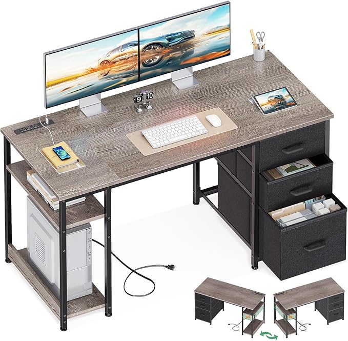 AODK 51 Inch Computer Desk with Drawers & USB Power Outlets | Reversible Home Office Desk with Storage Shelves, Work from Home, Modern Work/Writing/Study Table for Bedroom, Grey Oak by AODK