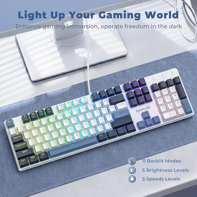 Redragon Mechanical Gaming Keyboard Wired, 11 Programmable Backlit Modes, Hot-Swappable Red Switch, Anti-Ghosting, Double-Shot PBT Keycaps, Light Up Keyboard for PC Mac, Blue - Image 2