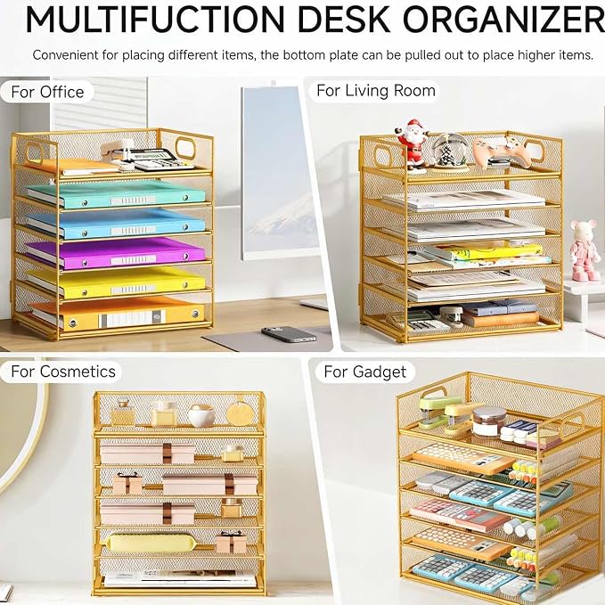 6 Tiers Letter Tray Paper Organizer with Handle, Mesh Desk File Organizer, Metal Desktop Document Shelf Organization, Paper Sorter Organizer for Office, Home or School File Folder Holder (Gold) - Image 6
