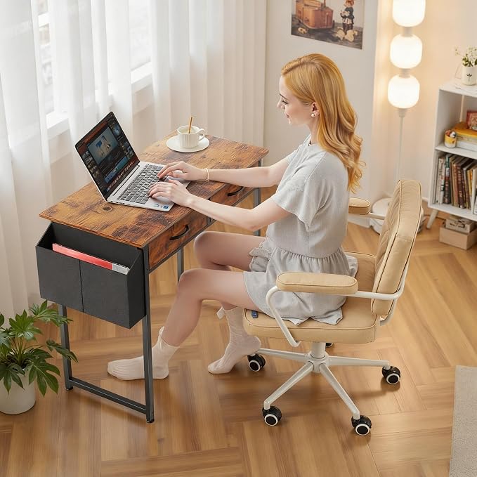 OLIXIS 32 Inch Small Desk, Computer Desk, Fabric Drawers | Side Bag, Headphone Hook, Work Table for Home Office Bedroom, Gaming, Brown - Image 6