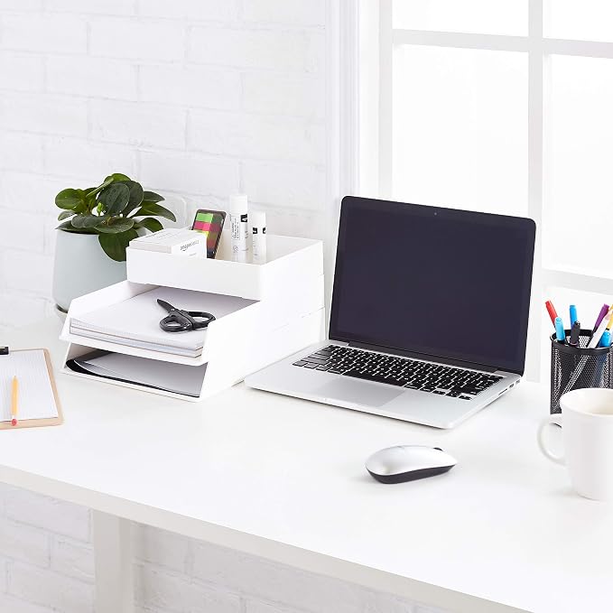 Amazon Basics Rectangular Plastic Desk Organizer Bundle, 3 Pieces Letter Tray and Accessory Tray for Office Supplies, Document Organization, Workspace Storage, 10 x 13.4 inches, White - Image 6