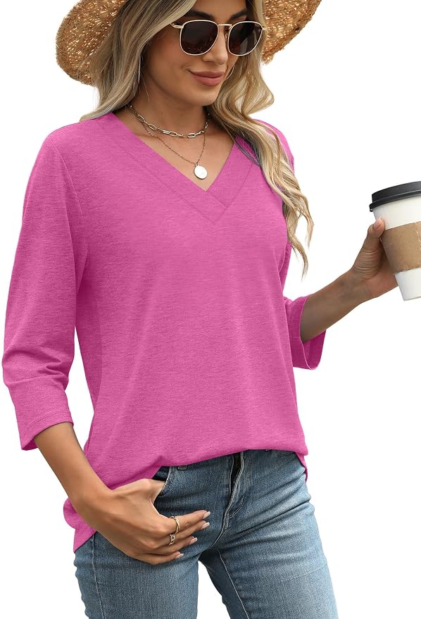 WIHOLL Womens Tops 3/4 Length Sleeve V Neck Casual Tunic Tops Basic Shirts Loose Fit Blouse - Image 3
