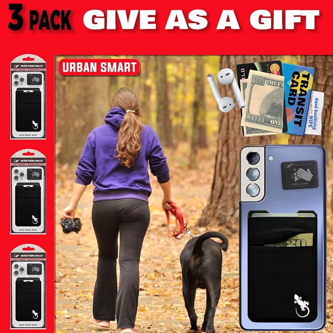 Gecko Travel Tech Double Pocket - Adhesive Card Holder - Cell Phone Pouch - Stick on Spandex Pocket - Carry Credit Cards and Cash (3 PACK - BLACK WHITE) - Image 5