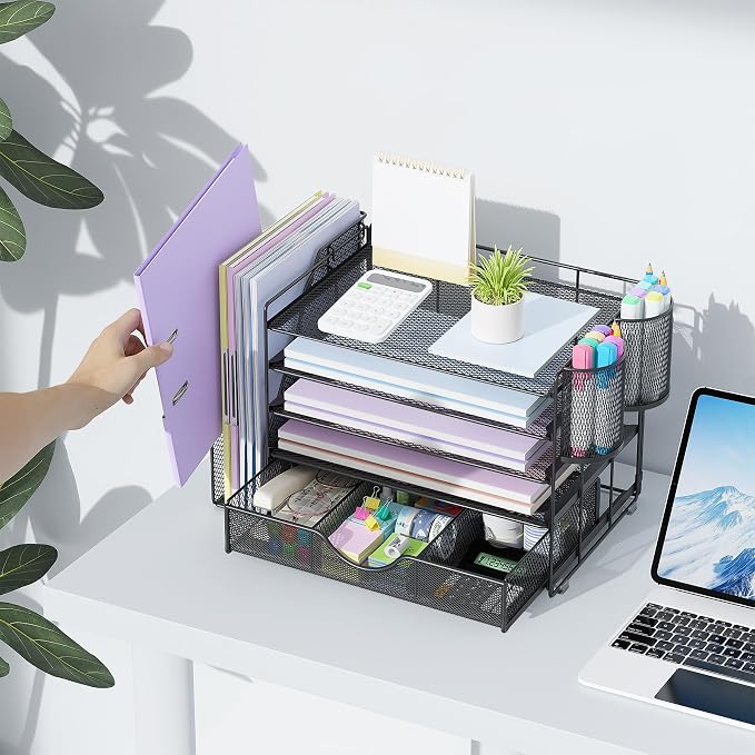 gianotter 5-Tier Desk Organizer with Drawers and File Holders | Letter Trays and Pen Holders - Workspace Accessories for Office Supplies (Black) - Image 3