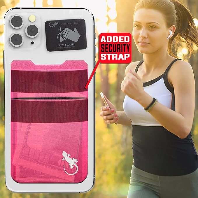 Gecko Travel Tech Double Pocket - Adhesive Card Holder - Cell Phone Pouch - Stick on Spandex Pocket - Carry Credit Cards and Cash (PINK-WHITE) - Image 8