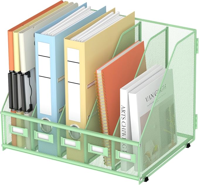 SUPEASY Desk Organizers Metal Desk Magazine File Holder with 5 Vertical Compartments Rack File Organizer for Office Desktop, Classroom, Home Workspace, Green, Plus by SUPEASY