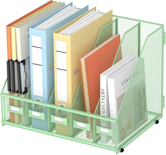 SUPEASY Desk Organizers Metal Desk Magazine File Holder with 5 Vertical Compartments Rack File Organizer for Office Desktop, Classroom, Home Workspace, Green, Plus by SUPEASY
