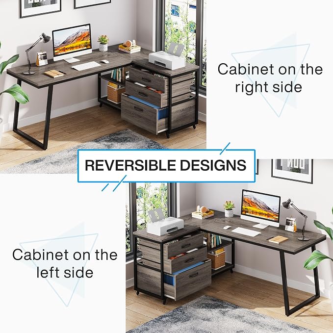Tribesigns L-Shaped Desk with 3 Drawers, Reversible Corner Home Office Computer Desk with Shelves, 53-Inch Industrial PC Desk Study Writing Table Workstation for Small Space, Grey - Image 5