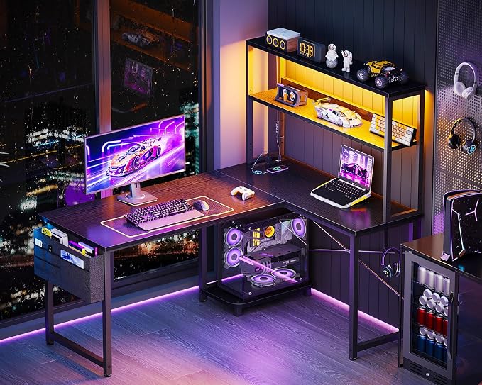 ODK 43" L Shaped Gaming Desk with Shelves, LED & Outlets, Black | Reversible L-shape. LED gaming lights & USB. Headset hook & storage bag. Fits dorms, small bedrooms & compact apartments. - Image 2