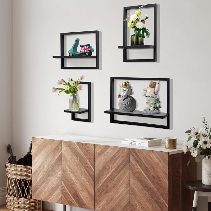 PHOENANCEE Square Floating Shelves,Framed Wall Shelf Decorative Set of 4,Modern Plants Hanging Display Art Decor Storage for Livingroom Bedroom Bathroom Farmhouse,Home Light Wood,Rustic Black - Image 2