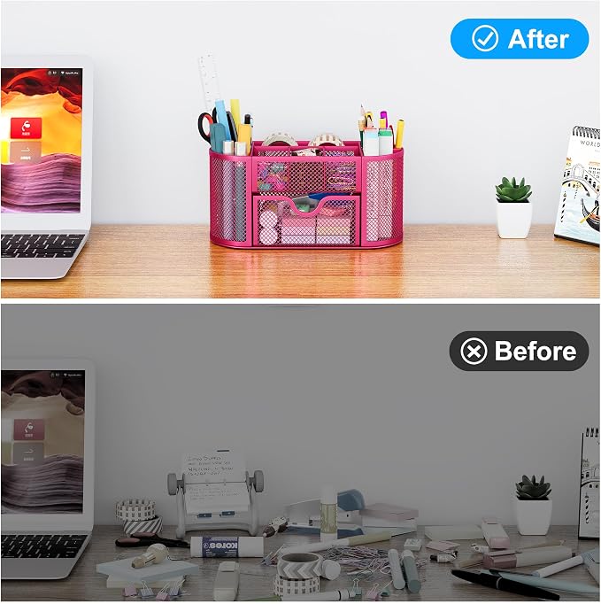 EasyPAG Mesh Pen Holder Desk Organizer with Drawer Stationery Supplies Organizer for Dorm School 9 Compartments Workspace Desk Accessories Organization for Office, Hot Pink - Image 5