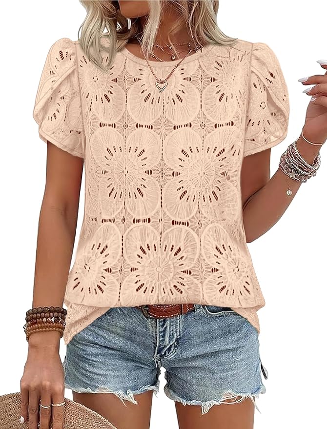 OFEEFAN Blouses for Women Dressy Casual Petal Short Sleeve Shirts Crochet Lace Boho Tops Spring Fashion Summer Outfits by OFEEFAN