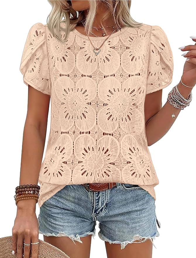OFEEFAN Blouses for Women Dressy Casual Petal Short Sleeve Shirts Crochet Lace Boho Tops Spring Fashion Summer Outfits by OFEEFAN
