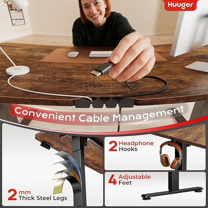 Huuger Electric Standing Desk with Power Outlets and USB-C Port, 55 X 24 Inch Height Adjustable Desk, Sit Stand Desk for Home Office, Computer & Gaming Desk with 4 Presets, Rustic Brown - Image 6