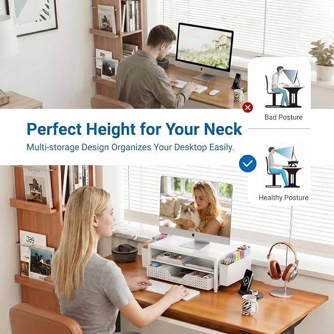 OPNICE Desk Organizers and Accessories, 2-Tier Computer Monitor Stand Riser with Drawer and 2 Pen Holders, Laptop Stand, Office Desk Accessories for Office Supplies, White - Image 3