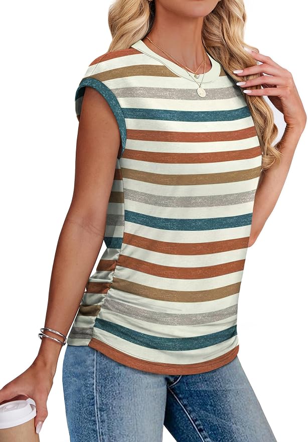 Sampeel Womens Summer Tops Trendy 2026 Ruched Cap Short Sleeve Tshirts Shirts Crew Neck T Shirts Fashion - Image 4