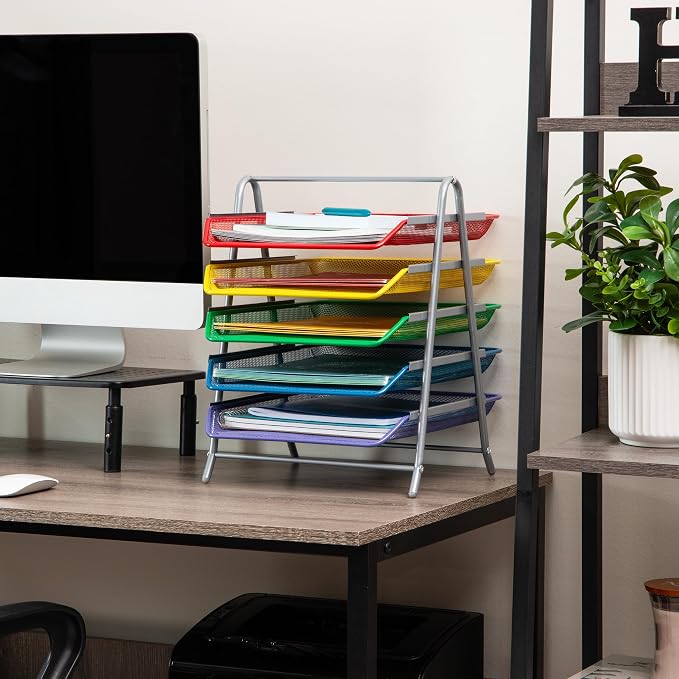 Mind Reader 5-Tier Paper Tray Organizer with Multicolor Trays, Classroom File Organizer for Teachers, Metal Mesh, Assorted Colors - Image 6