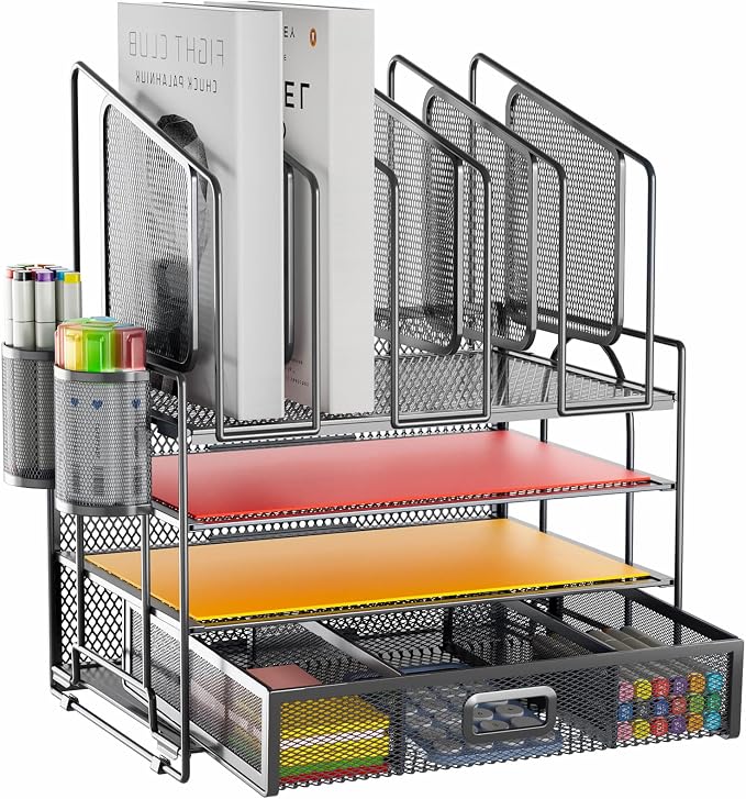 Marbrasse Desk Organizers, 4-Tier Mesh Desk File Organizer with 5 Vertical File Holders and 2 Pen Holders, Multifunction Desktop Organizer,Desk Organizers and Accessories for Home Office (Gray) by Marbrasse