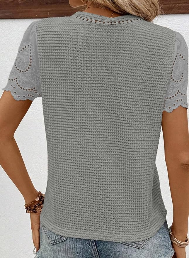 SHEWIN Womens Frenchy Summer Tops Crewneck Short Sleeve T Shirts Casual Waffle Knit Jacquard Blouses Top Shirts - Image 2