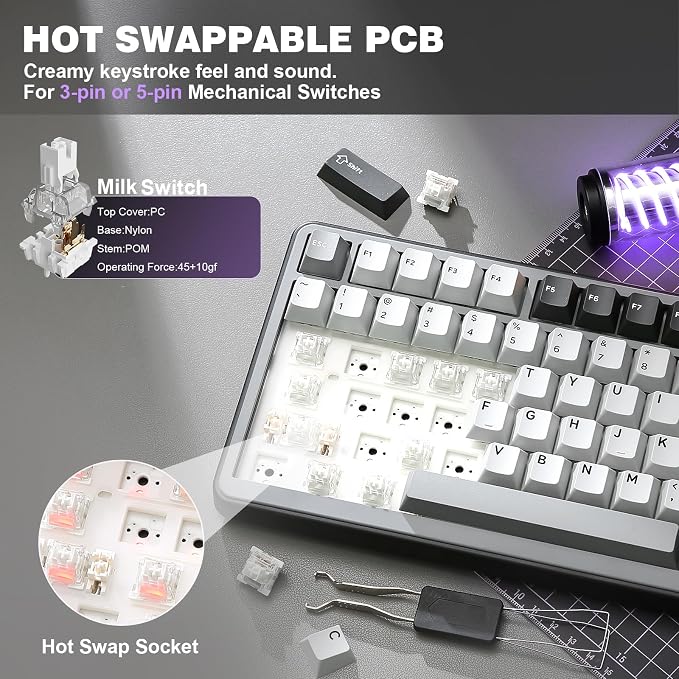 YUNZII B75 PRO 75% Wireless Mechanical Keyboard (Dark Grey,Milk Switch) | Hot Swap Keyboard with Knob, Gasket Mount, Creamy Pre-lubed Switch for Smooth Typing, BT/USB-C/2.4G, for Gaming - Image 5