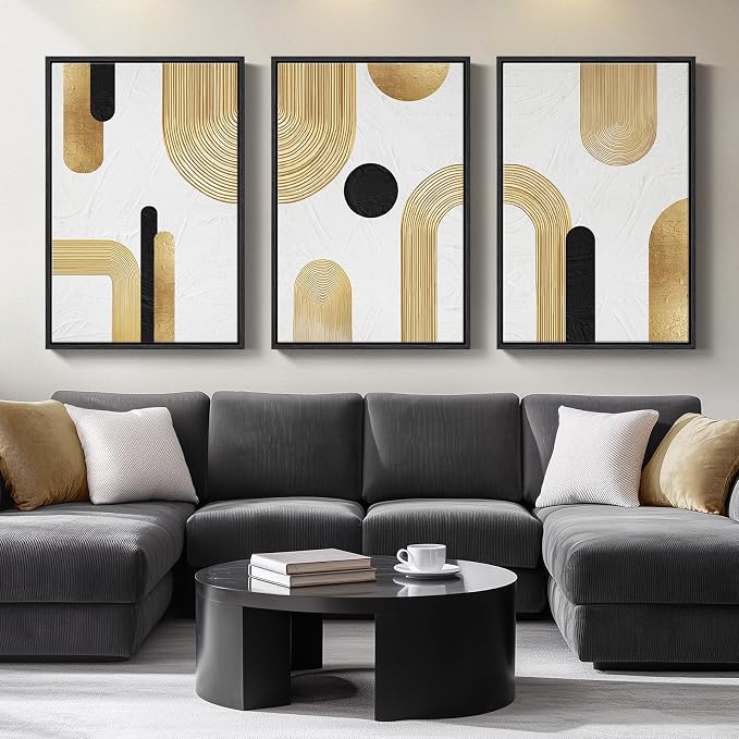 Large Framed Gold Abstract Geometric Wall Art for LIving Room, 3 Piece Modern Canvas Prints Paintings Artwork for Walls, Minimalist Black White Gold Pictures for Hallway Office Wall Decor 24x36 Inch by Cuspin