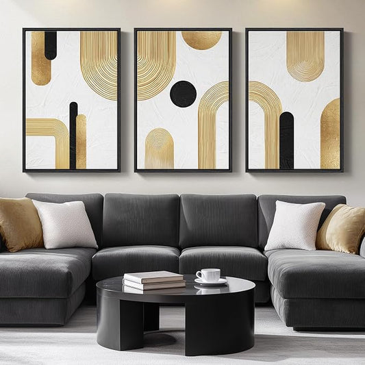 Large Framed Gold Abstract Geometric Wall Art for LIving Room, 3 Piece Modern Canvas Prints Paintings Artwork for Walls, Minimalist Black White Gold Pictures for Hallway Office Wall Decor 24x36 Inch by Cuspin