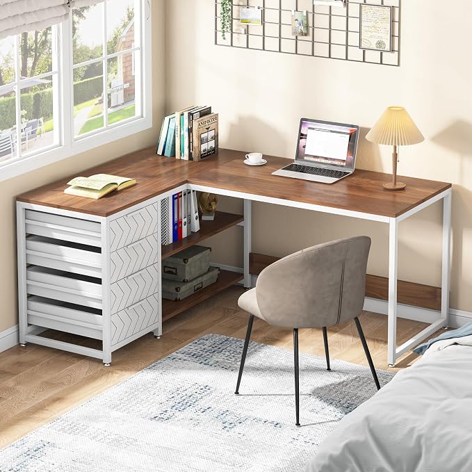 Tribesigns L Shaped Computer Desk with Storage Drawers, 59 inch Corner Desk with Shelves, Reversible L-Shaped Office Desk Study Writing Table Workstation for Home Office, Walnut & White - Image 5