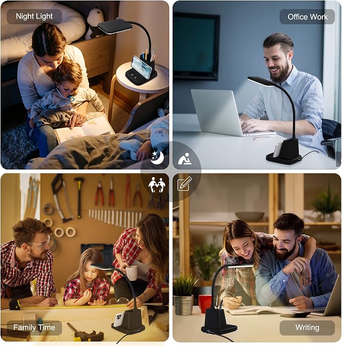 LED Desk Lamp with 10W Wireless Charging & Pen Holder, Black | CRI 95, 800LM, Stepless Dimming, 3 Modes, 360°Flexible Arm, Touch, Study Table Lamp for Home Office, Dorm Room, with Adapter - Image 7