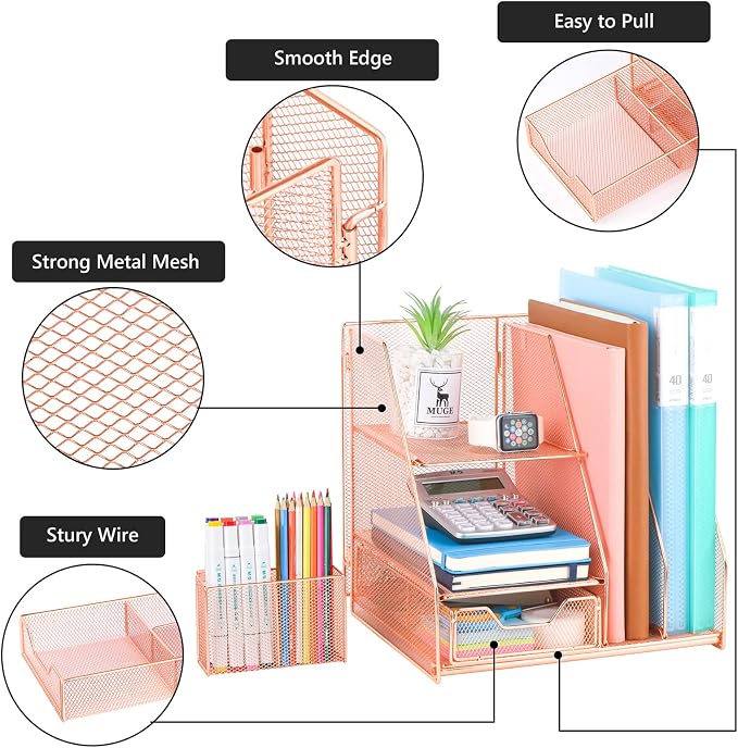 Topwey Rose Gold Desk Accessories, Office Supplies Desk Organizer Caddy with Sliding Drawer, Double Tray, File Organizer and pen holder for Home, Office School - Image 2