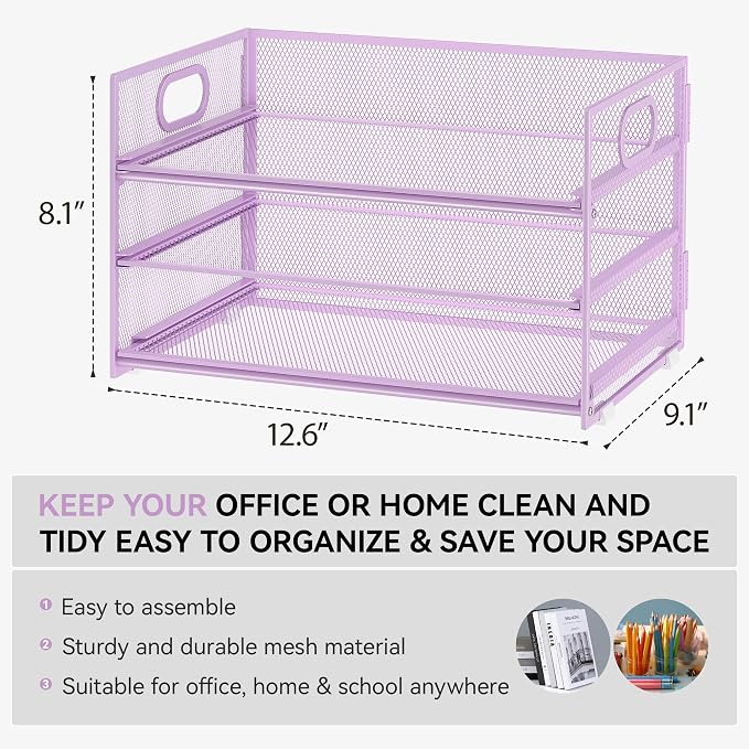 Subekyu 3 Tier Letter Tray Paper Organizer with Handle and 1 PC Sliding Tray, Purple Metal Mesh Desk File Folder Paper Sorter Organizer for Home Office School Desk Supplies Organization Storage - Image 2
